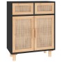 Credenza Nera 60x30x75 cm Legno Massello Pino e Rattan Naturale