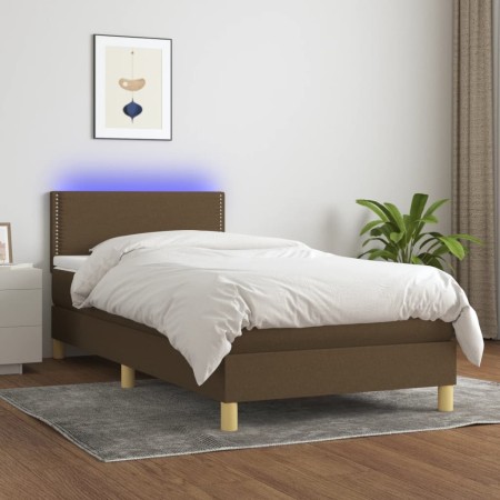 Letto a Molle Materasso e LED Marrone Scuro 90x200cm in Tessuto