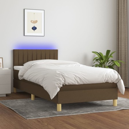 Letto a Molle Materasso e LED Marrone Scuro 100x200 cm Tessuto