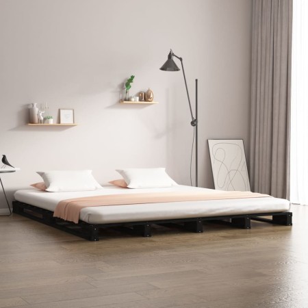 Letto a Pallet Nero 140x190 cm in Legno Massello di Pino