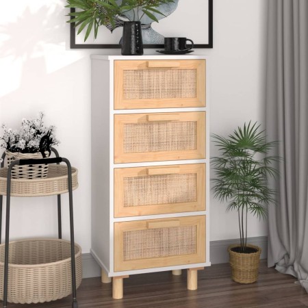 Credenza Bianca 40x30x90cm Legno Massello Pino Rattan Naturale