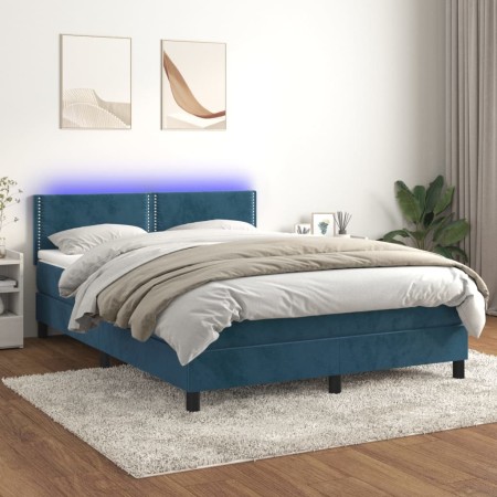 Letto a Molle con Materasso e LED Blu Scuro 140x200 cm