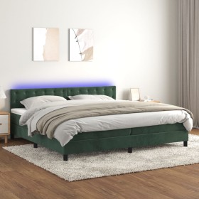 Letto a Molle con Materasso e LED Verde Scuro 200x200cm Velluto