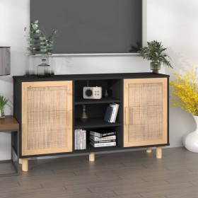 Credenza Nera 105x30x60cm Legno Massello Pino e Rattan Naturale