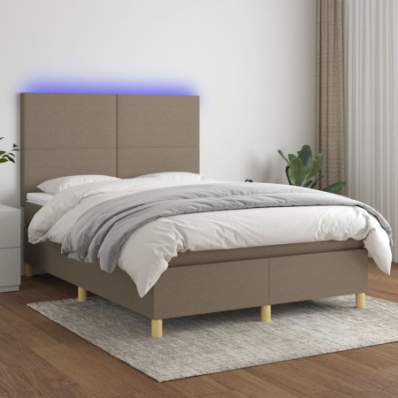 Letto a Molle con Materasso e LED Tortora 140x200 cm in Tessuto