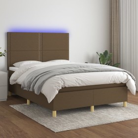 Letto a Molle Materasso e LED MarroneScuro 140x190cm in Tessuto