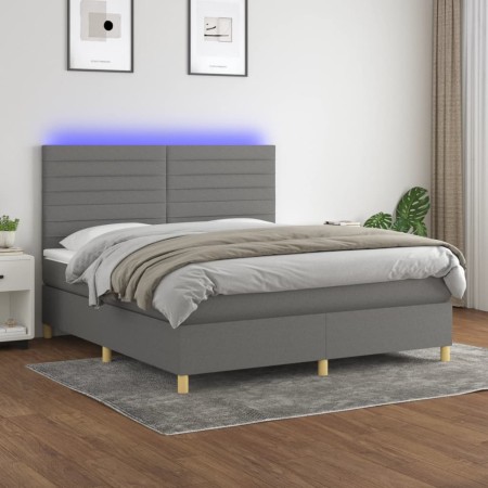 Letto a Molle Materasso e LED Grigio Scuro 160x200cm in Tessuto