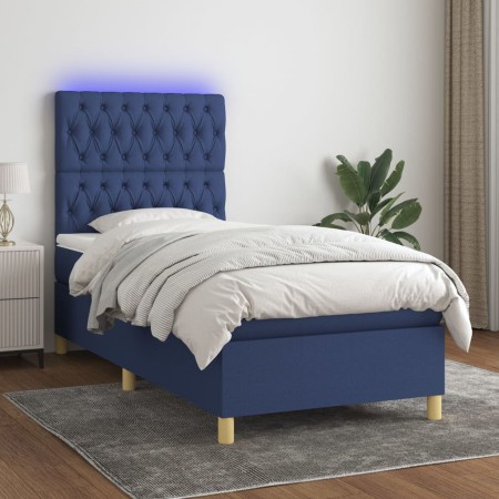 Letto a Molle con Materasso e LED Blu 90x190 cm in Tessuto