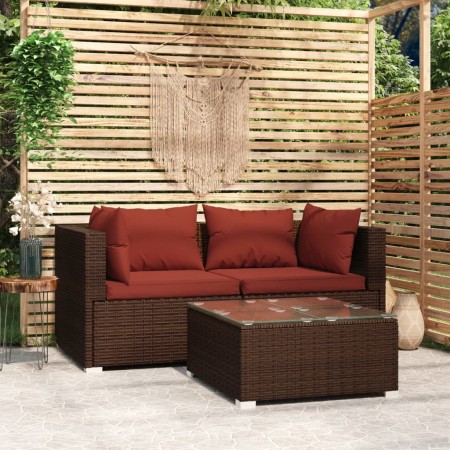 Set Divano da Giardino 3 pz con Cuscini in Polyrattan Marrone