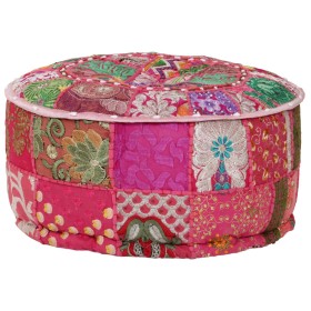 Pouf Patchwork Rotondo Fatto a Mano in Cotone 40x20 cm Rosa