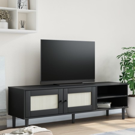 Mobile TV SENJA Aspetto Rattan Nero 158x40x49 cm Massello Pino