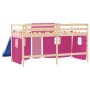 Letto a Soppalco con Tende Bambini Rosa 90x200 cm Massello Pino