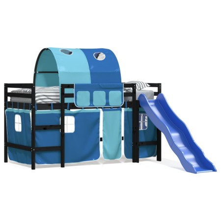 Letto a Soppalco con Tunnel Bambini Blu 80x200cm Massello Pino