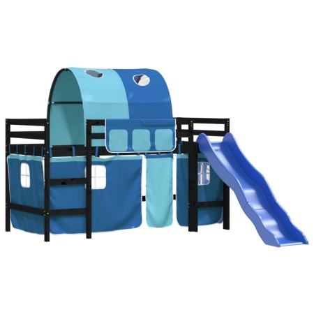 Letto a Soppalco con Tunnel Bambini Blu 80x200cm Massello Pino