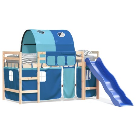 Letto a Soppalco con Tunnel Bambini Blu 90x190cm Massello Pino