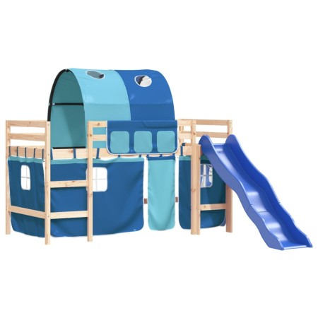 Letto a Soppalco con Tunnel Bambini Blu 90x190cm Massello Pino