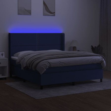 Letto a Molle con Materasso e LED Blu 160x200 cm in Tessuto