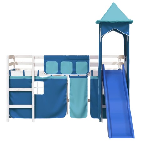 Letto a Soppalco con Torre Bambini Blu 90x200cm Massello Pino