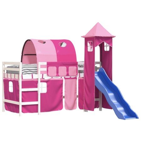 Letto a Soppalco con Torre Bambini Rosa 80x200cm Massello Pino