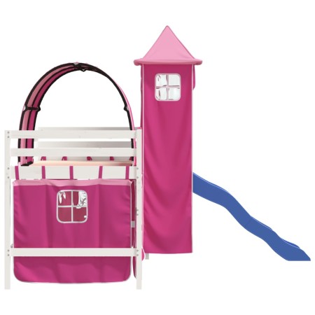 Letto a Soppalco con Torre Bambini Rosa 80x200cm Massello Pino