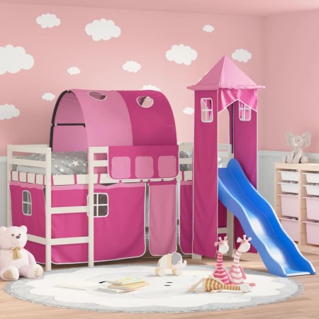 Letto a Soppalco con Torre Bambini Rosa 90x200cm Massello Pino