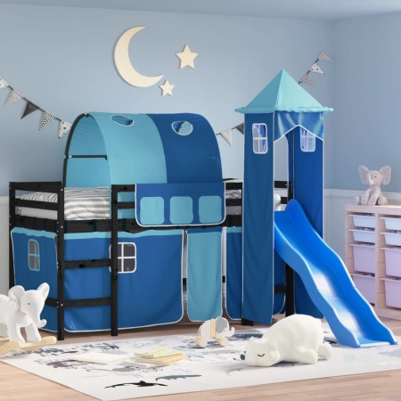 Letto a Soppalco con Torre Bambini Blu 90x200cm Massello Pino