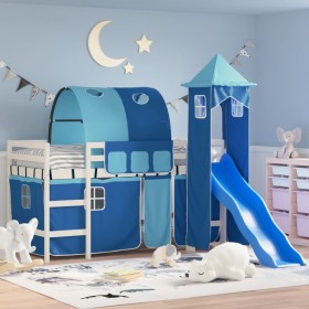 Letto a Soppalco con Torre Bambini Blu 90x190cm Massello Pino