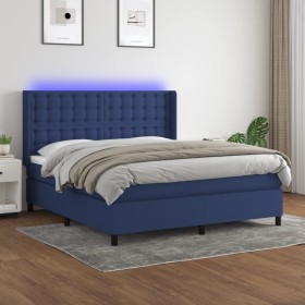 Letto a Molle con Materasso e LED Blu 160x200 cm in Tessuto