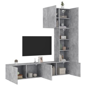 Mobili TV a Muro con LED 5pz Grigio Cemento Legno Multistrato