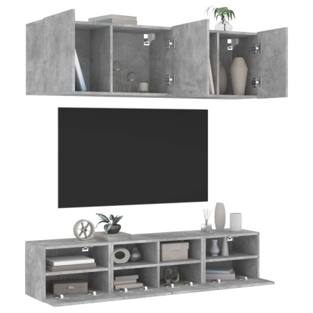 Mobili TV a Muro con LED 5pz Grigio Cemento Legno Multistrato