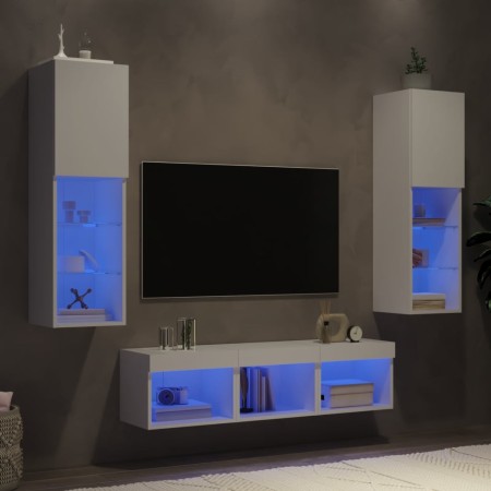 Mobili TV a Muro con LED 5pz Bianchi in Legno Multistrato