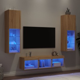 Mobili TV a Muro con LED 5pz Rovere Sonoma Legno Multistrato