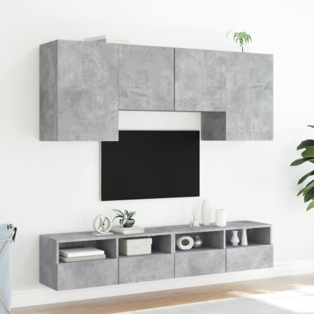 Mobili TV a Muro con LED 5pz Grigio Cemento Legno Multistrato