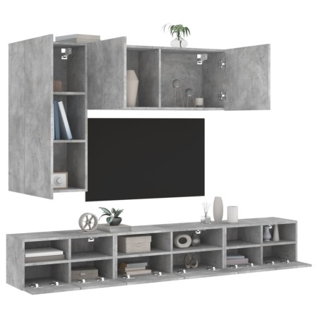 Mobili TV a Muro con LED 5pz Grigio Cemento Legno Multistrato