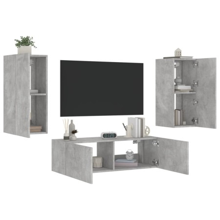 Mobili TV a Muro 3pz con Luci LED Grigio Cemento