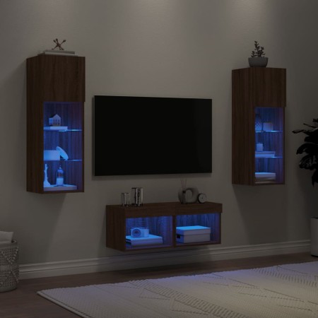 Mobili TV a Muro 4pz con Luci LED Rovere Marrone