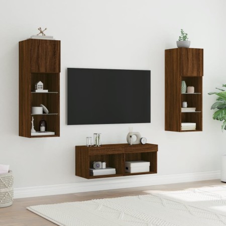 Mobili TV a Muro 4pz con Luci LED Rovere Marrone