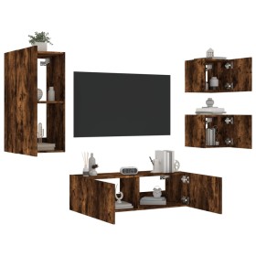 Mobili TV a Muro 4pz con Luci LED Rovere Fumo