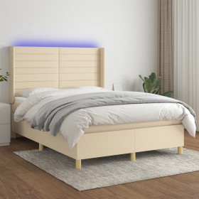 Letto a Molle con Materasso e LED Crema 140x200 cm in Tessuto