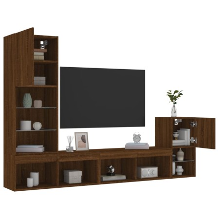 Mobili TV a Muro con LED 4pz Rovere Marrone Legno Multistrato