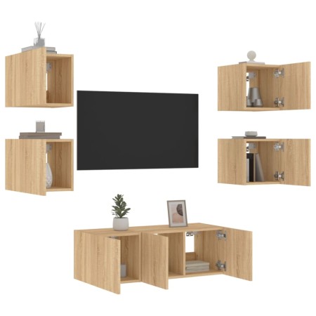 Mobili TV a Muro con LED 6pz Rovere Sonoma Legno Multistrato