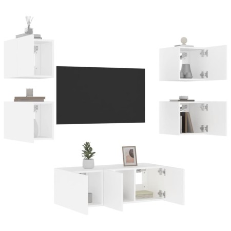 Mobili TV a Muro con LED 6pz Bianchi in Legno Multistrato