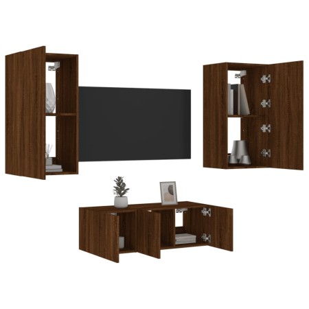 Mobili TV a Muro con LED 4pz Rovere Marrone Legno Multistrato