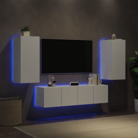 Mobili TV a Muro con LED 4pz Bianchi in Legno Multistrato