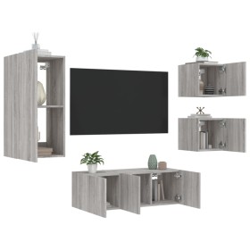 Mobili TV a Muro con LED 5pz Grigio Sonoma in Legno Multistrato