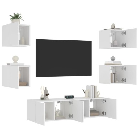 Mobili TV a Muro con LED 6pz Bianchi in Legno Multistrato