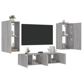 Mobili TV a Muro con LED 4pz Grigio Sonoma in Legno Multistrato