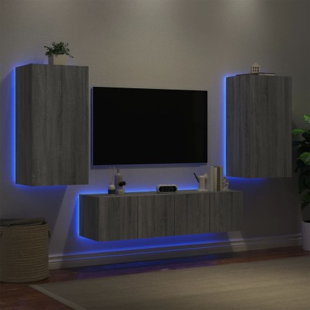 Mobili TV a Muro con LED 4pz Grigio Sonoma in Legno Multistrato