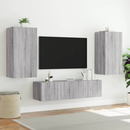 Mobili TV a Muro con LED 4pz Grigio Sonoma in Legno Multistrato