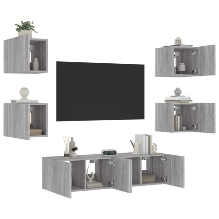 Mobili TV a Muro con LED 6pz Grigio Sonoma Legno Multistrato